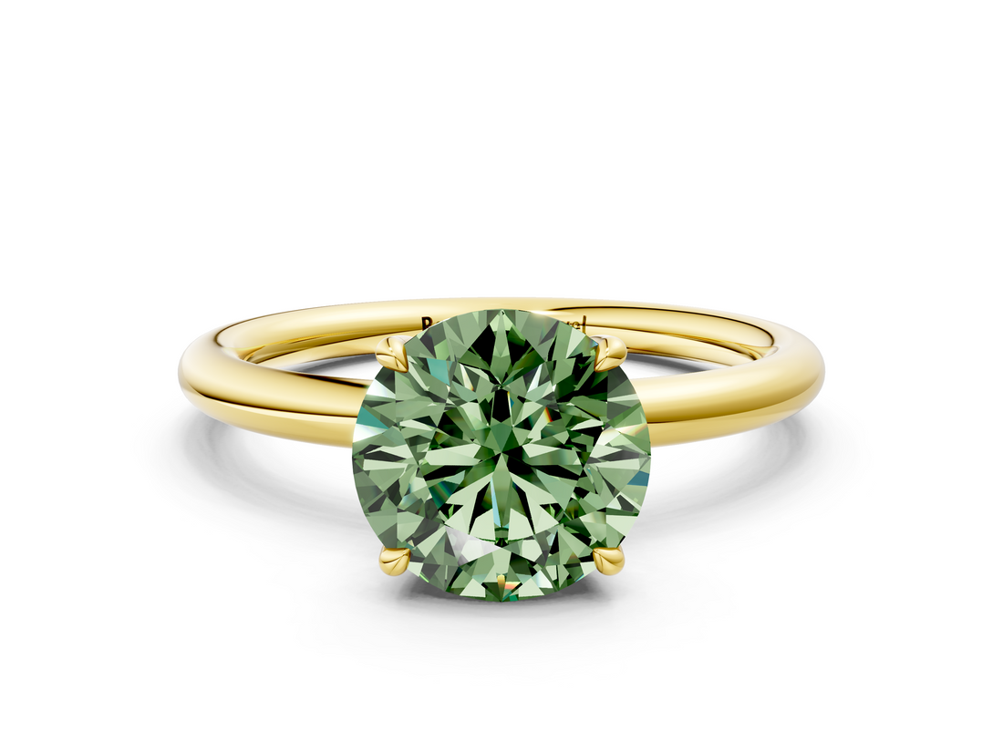 Yellow gold Fancy Green Round  Cut Solitaire Ring with Thin Band and Four-Prong Setting_16