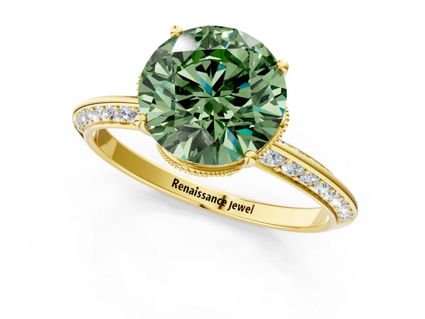 Yellow Gold Round Graduated Pave Engagement Ring Setting for Fancy Green Center