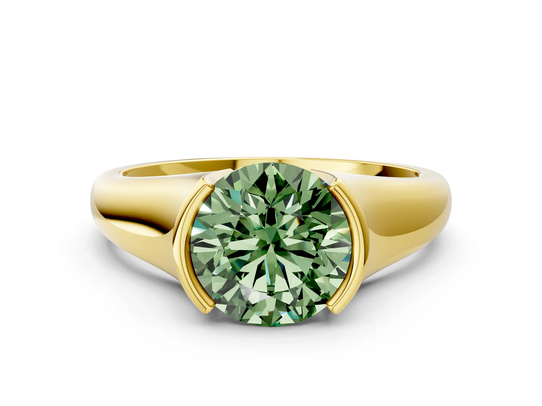 Yellow gold Fancy Green Round Cut Solitaire Tension Set Diamond Ring with Split Shank Band