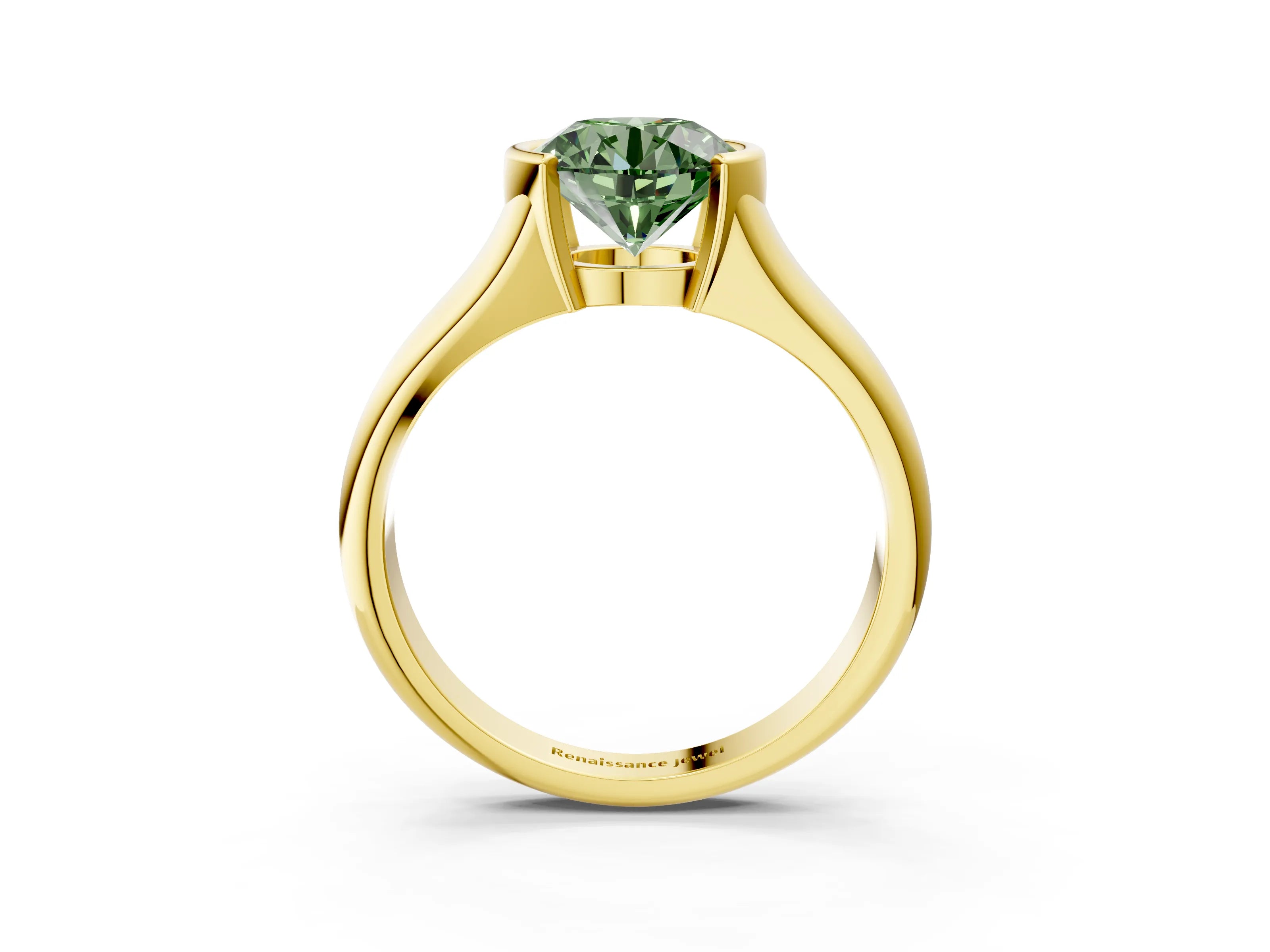 Yellow gold Fancy Green Round Cut Solitaire Tension Set Diamond Ring with Split Shank Band_3