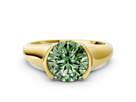 Yellow gold Fancy Green Round Cut Solitaire Tension Set Diamond Ring with Split Shank Band