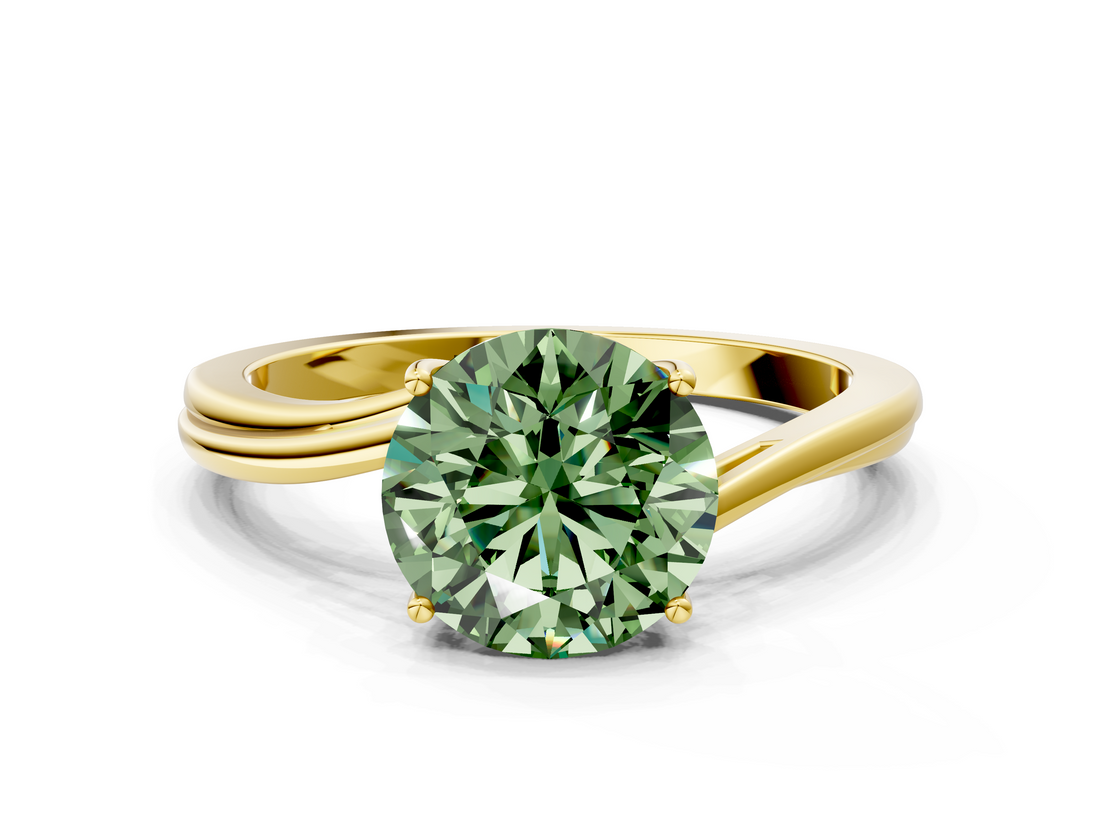 Yellow gold Fancy Green Round  Cut Solitaire Twist Band Ring with Four-Prong Setting_20