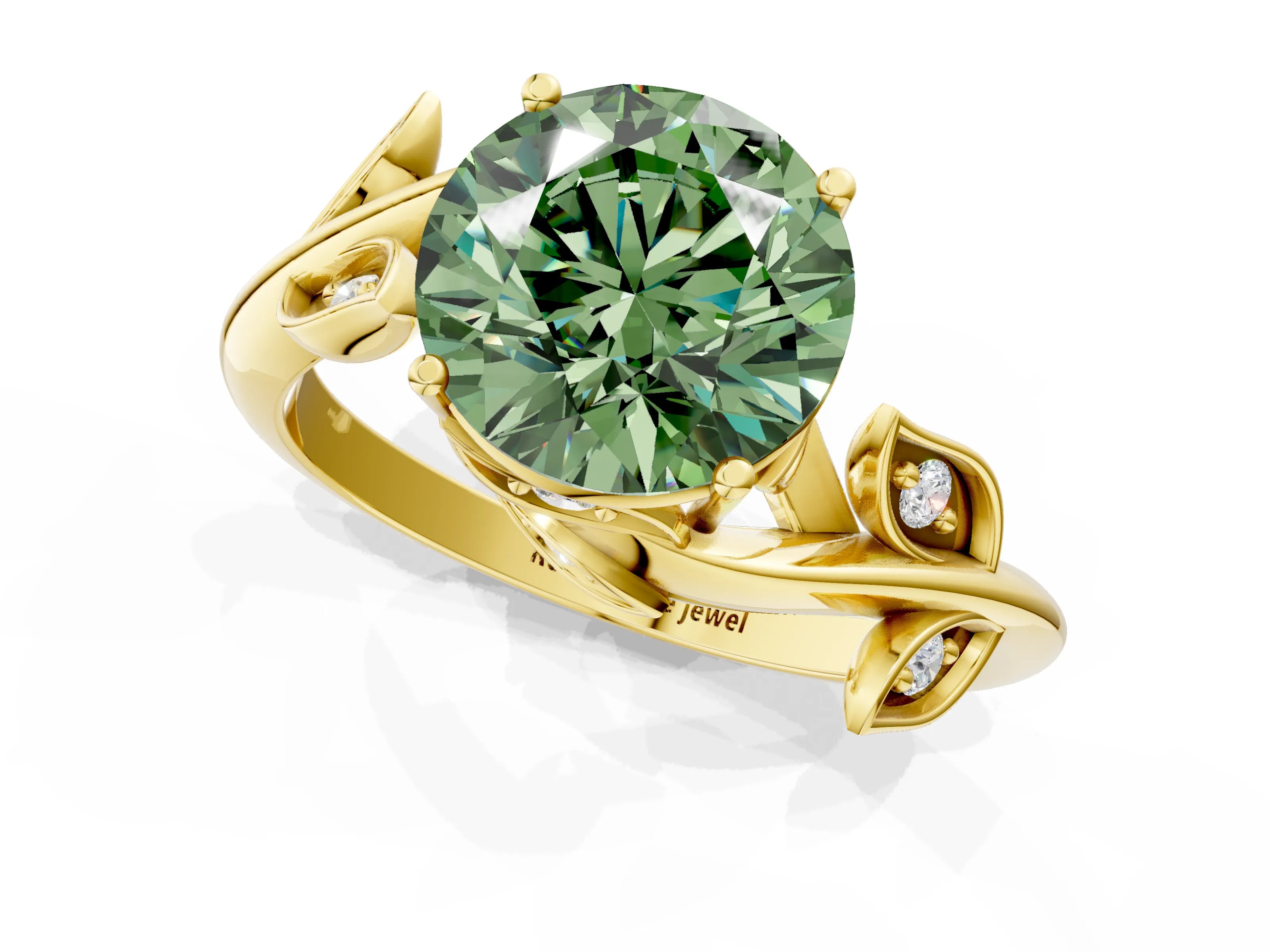 Yellow gold Fancy Green Round Cut Solitaire Twist Engagement Ring with Leaf Accents and Prong Setting_1