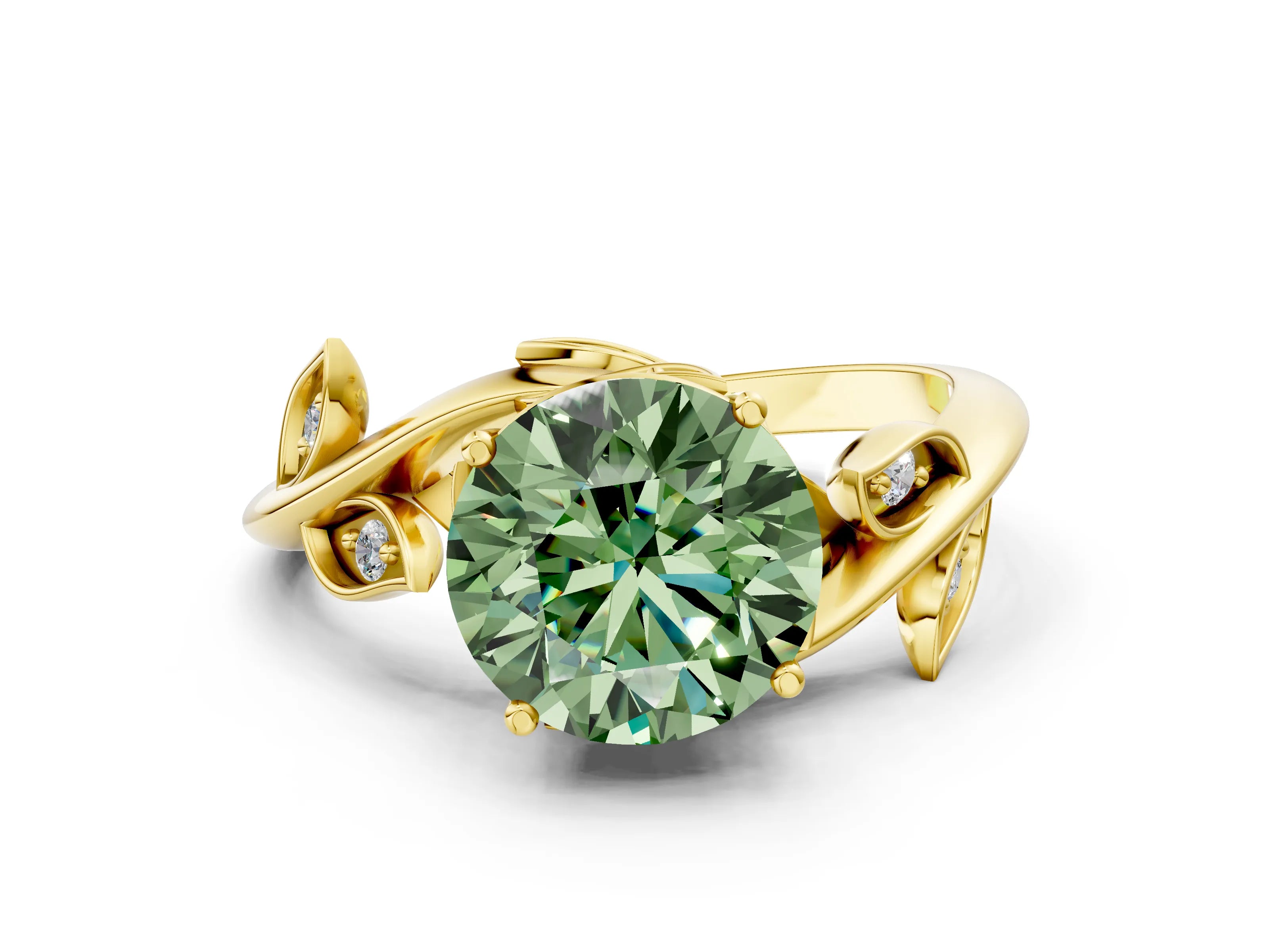 Yellow gold Fancy Green Round Cut Solitaire Twist Engagement Ring with Leaf Accents and Prong Setting_12
