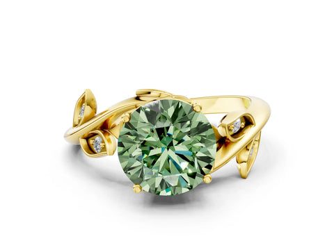 Yellow gold Fancy Green Round Cut Solitaire Twist Engagement Ring with Leaf Accents and Prong Setting_12