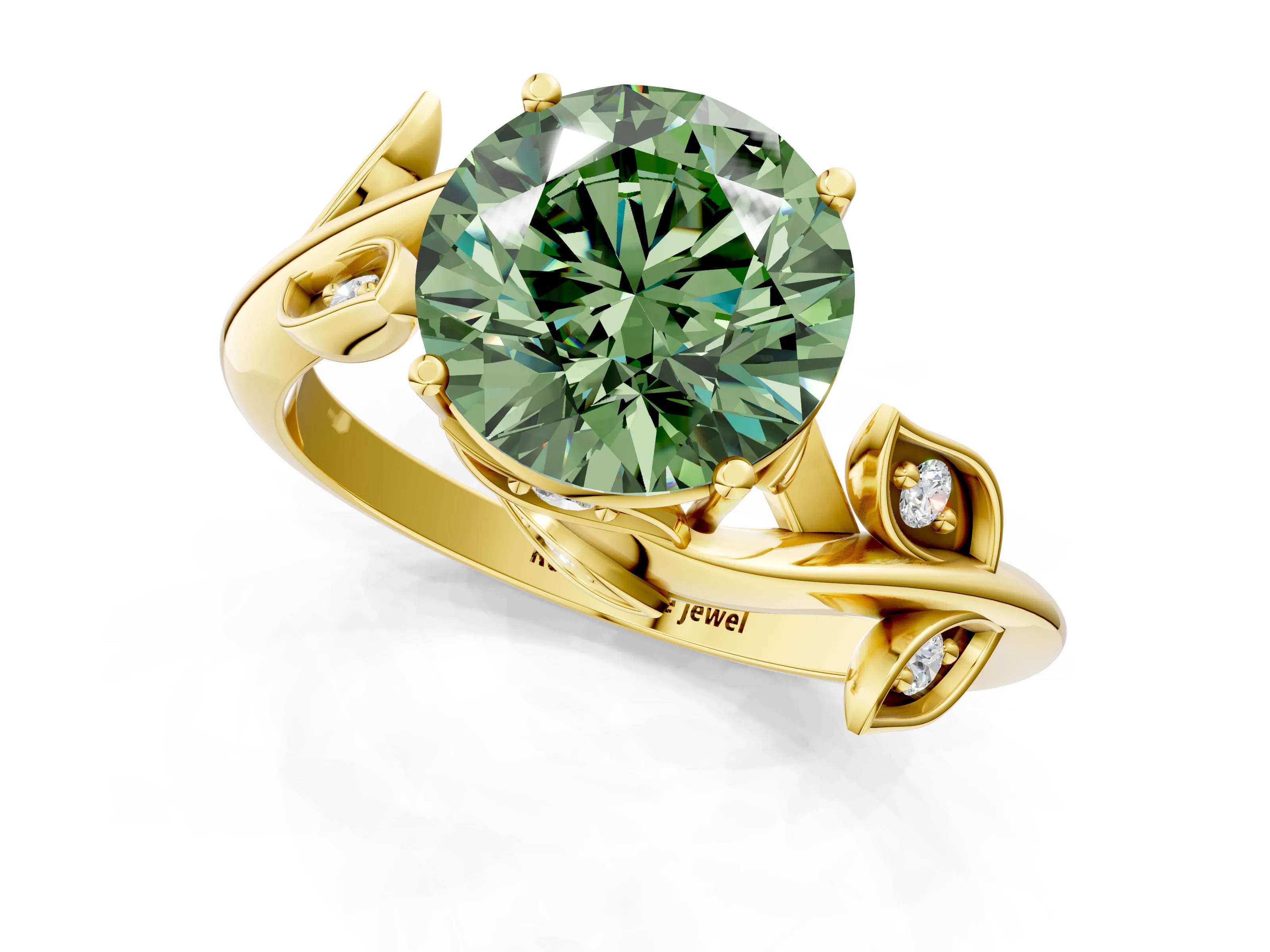 Yellow gold Fancy Green Round Cut Solitaire Twist Engagement Ring with Leaf Accents and Prong Setting_13
