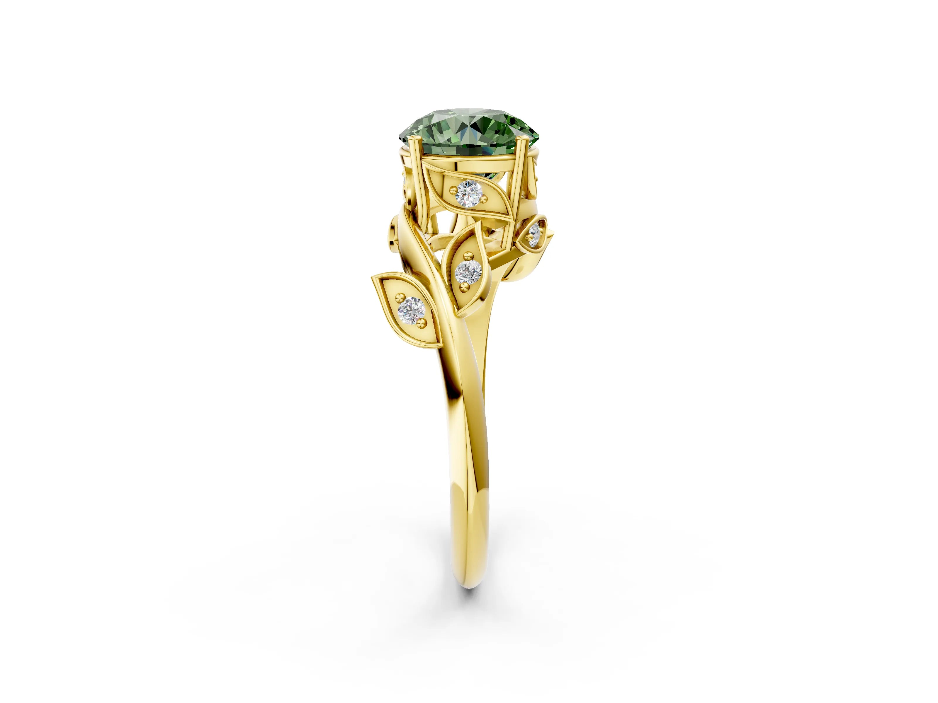 Yellow gold Fancy Green Round Cut Solitaire Twist Engagement Ring with Leaf Accents and Prong Setting_14