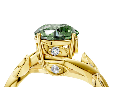 Yellow gold Fancy Green Round Cut Solitaire Twist Engagement Ring with Leaf Accents and Prong Setting_16