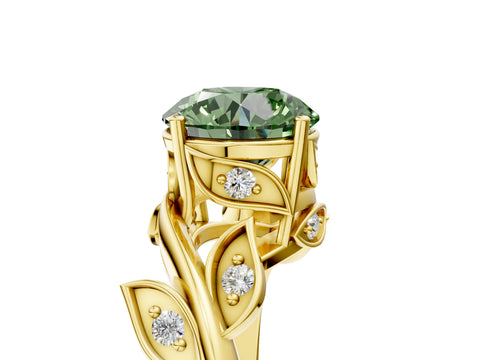 Yellow gold Fancy Green Round Cut Solitaire Twist Engagement Ring with Leaf Accents and Prong Setting_17