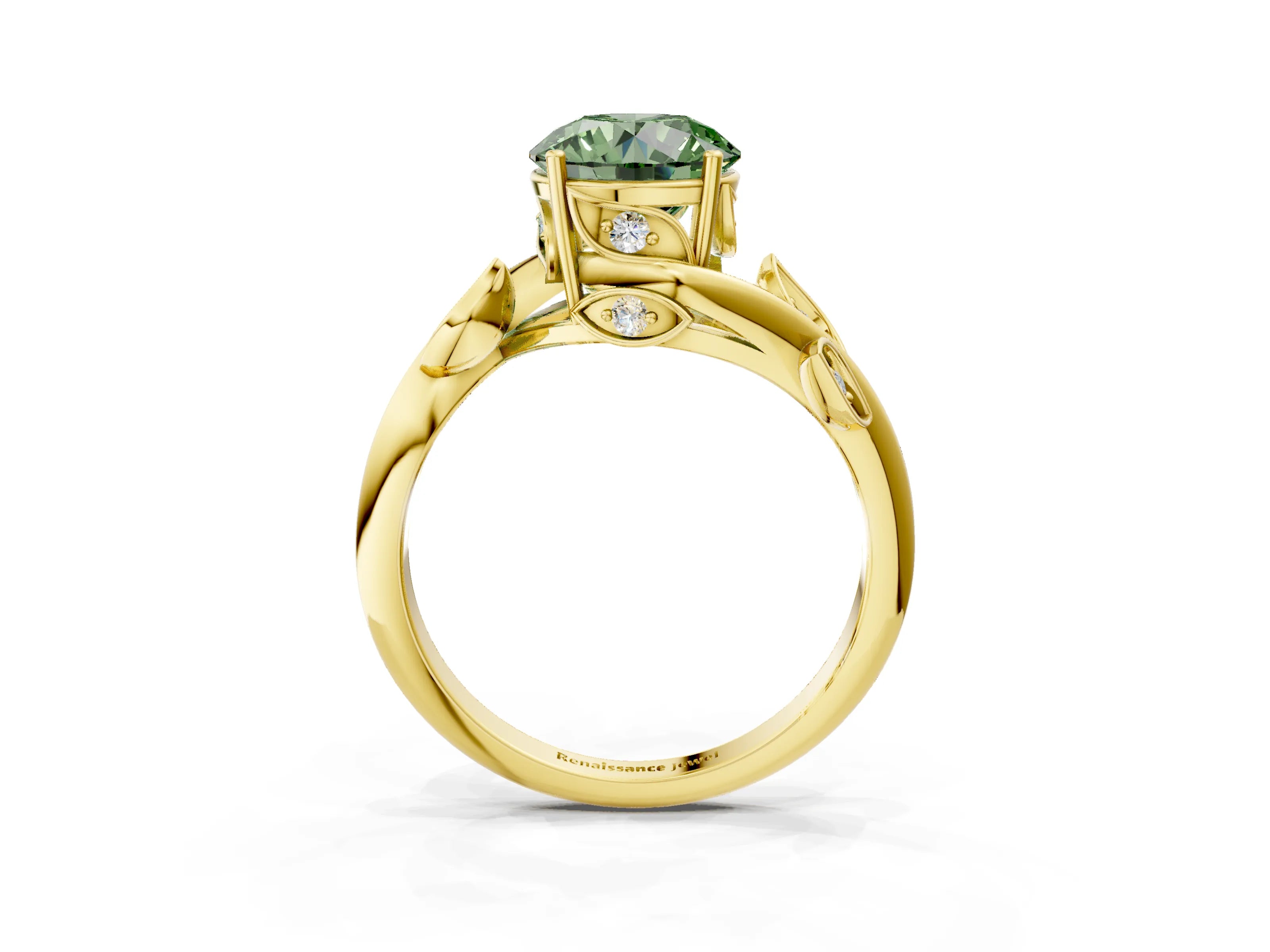 Yellow gold Fancy Green Round Cut Solitaire Twist Engagement Ring with Leaf Accents and Prong Setting_3
