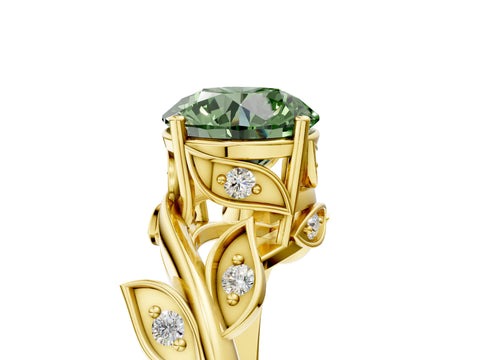 Yellow gold Fancy Green Round Cut Solitaire Twist Engagement Ring with Leaf Accents and Prong Setting_5