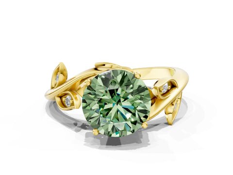 Yellow gold Fancy Green Round Cut Solitaire Twist Engagement Ring with Leaf Accents and Prong Setting