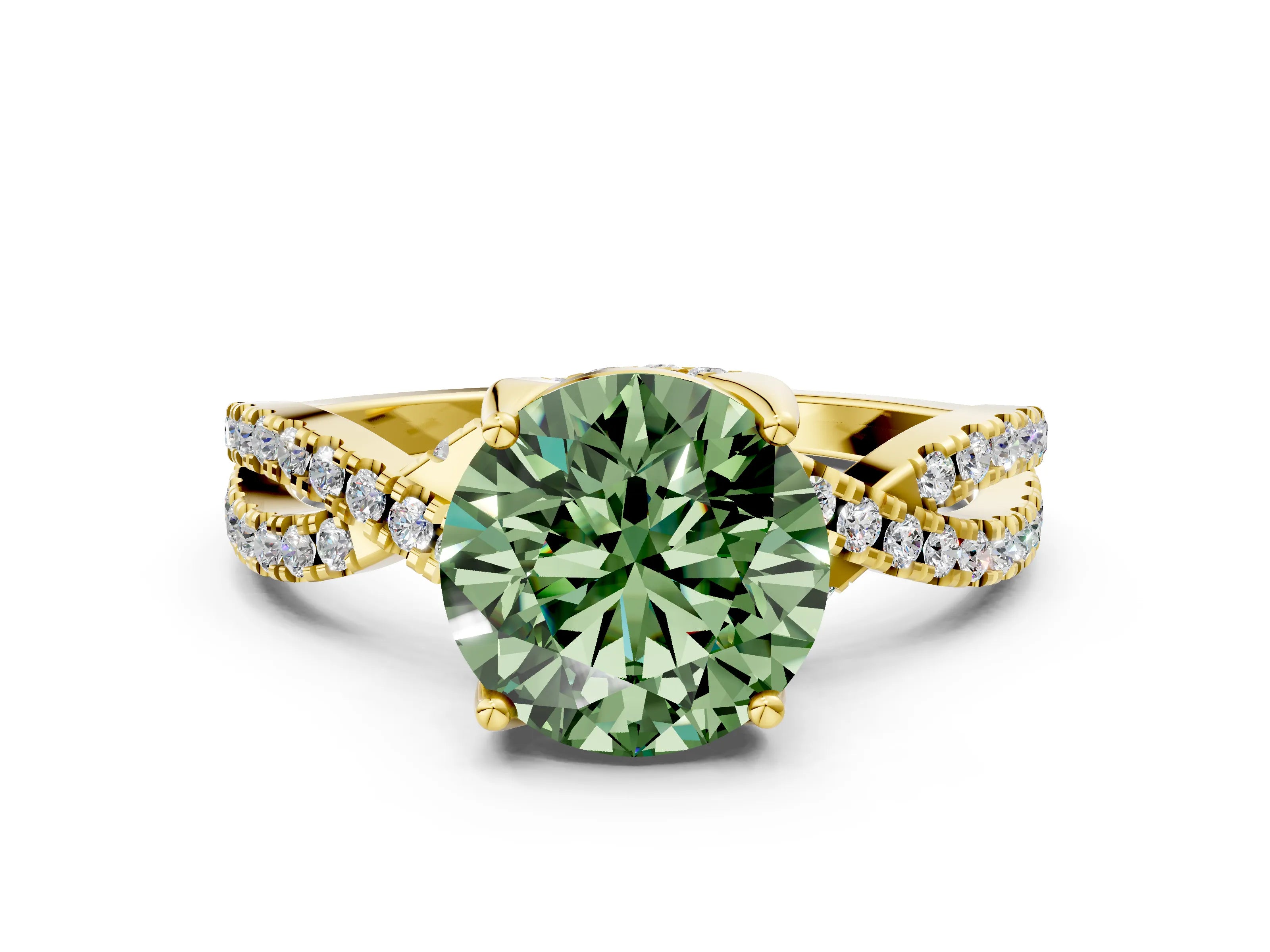 Yellow gold Fancy Green Round Cut Solitaire Twist Pave Diamond Engagement Ring with Prong Setting