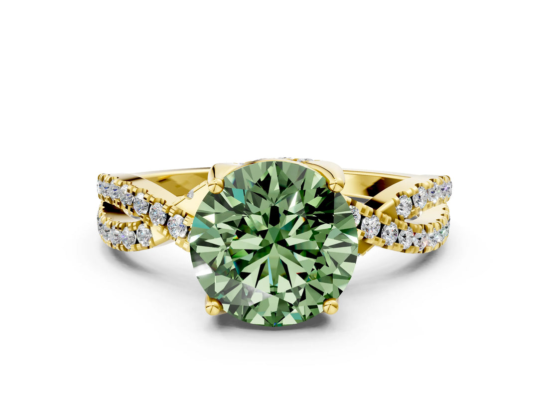 Yellow gold Fancy Green Round Cut Solitaire Twist Pave Diamond Engagement Ring with Prong Setting