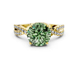 Yellow gold Fancy Green Round Cut Solitaire Twist Pave Diamond Engagement Ring with Prong Setting