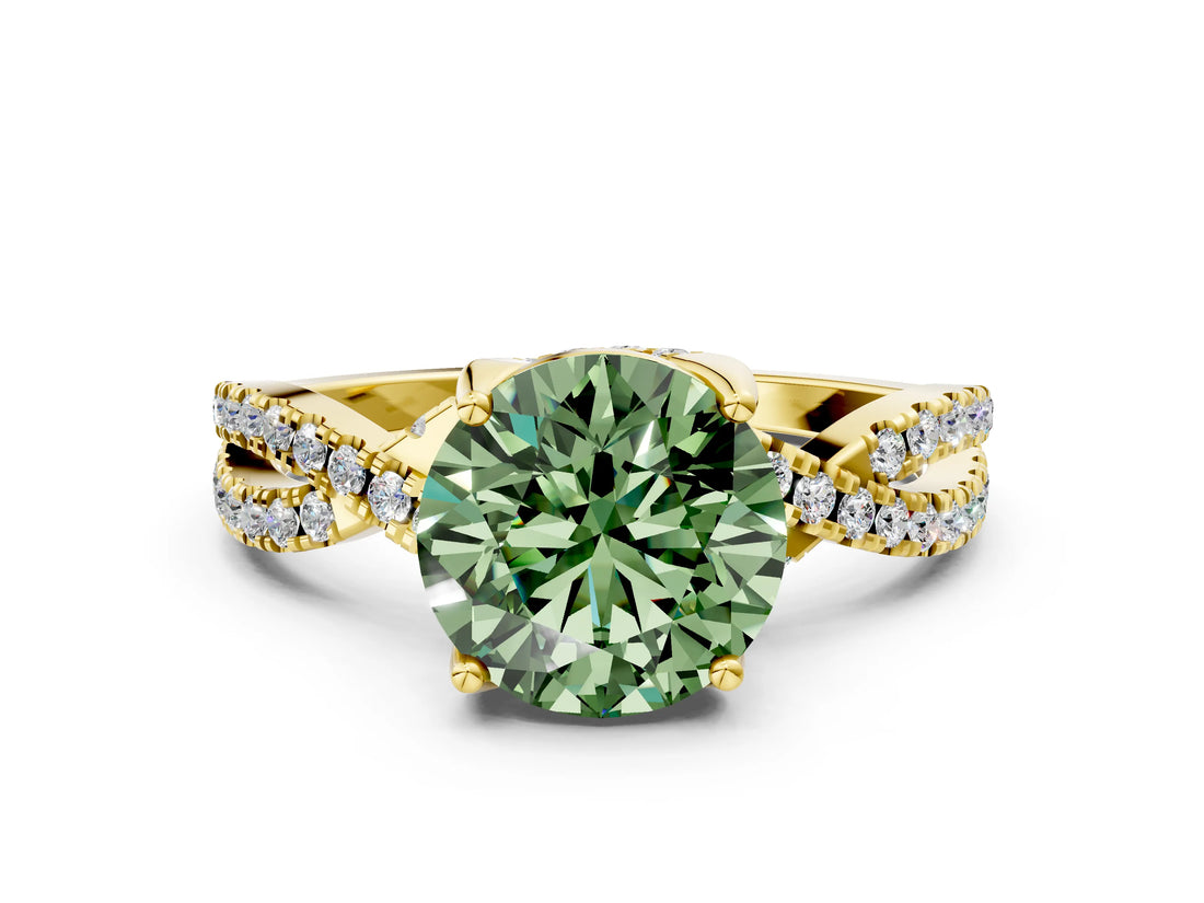 Yellow gold Fancy Green Round Cut Solitaire Twist Pave Diamond Engagement Ring with Prong Setting_24