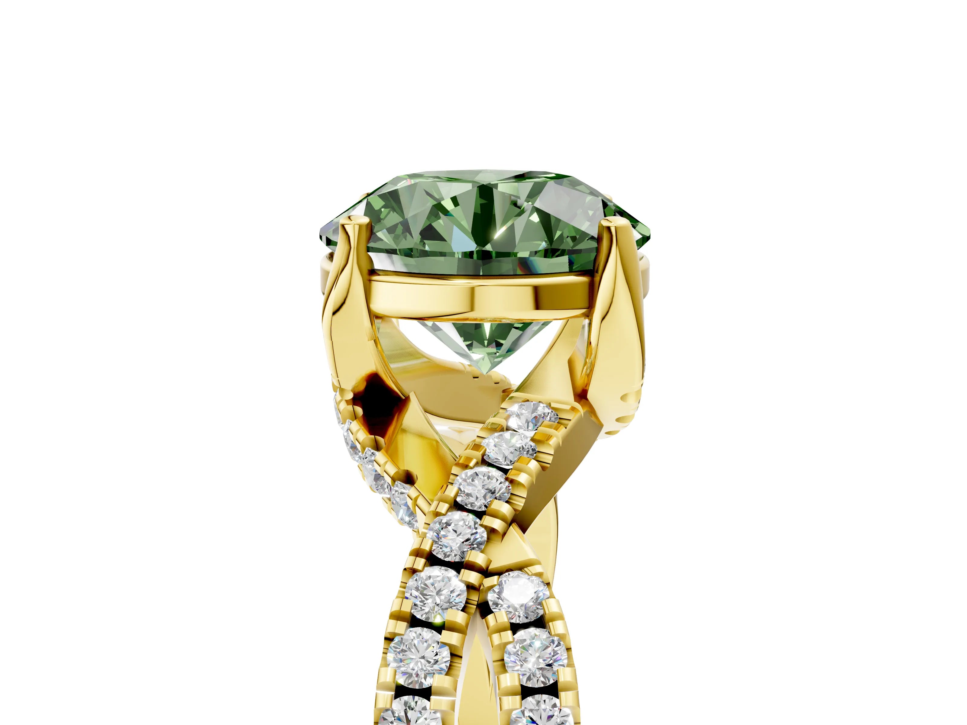 Yellow gold Fancy Green Round Cut Solitaire Twist Pave Diamond Engagement Ring with Prong Setting_29