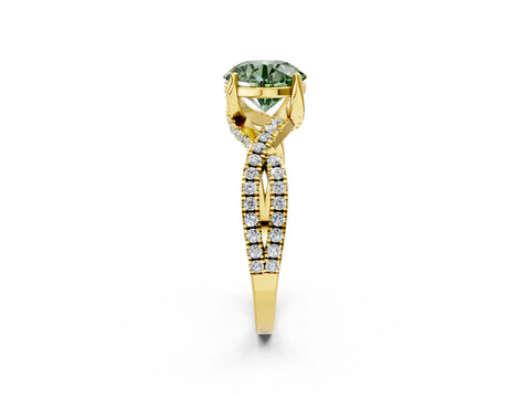 Yellow gold Fancy Green Round Cut Solitaire Twist Pave Diamond Engagement Ring with Prong Setting_2