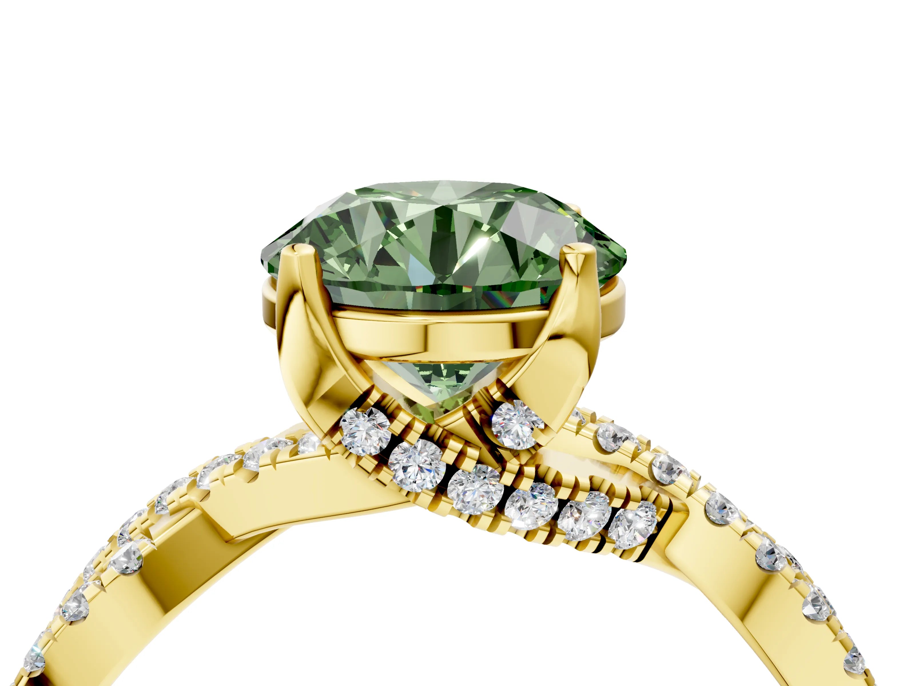 Yellow gold Fancy Green Round Cut Solitaire Twist Pave Diamond Engagement Ring with Prong Setting_4