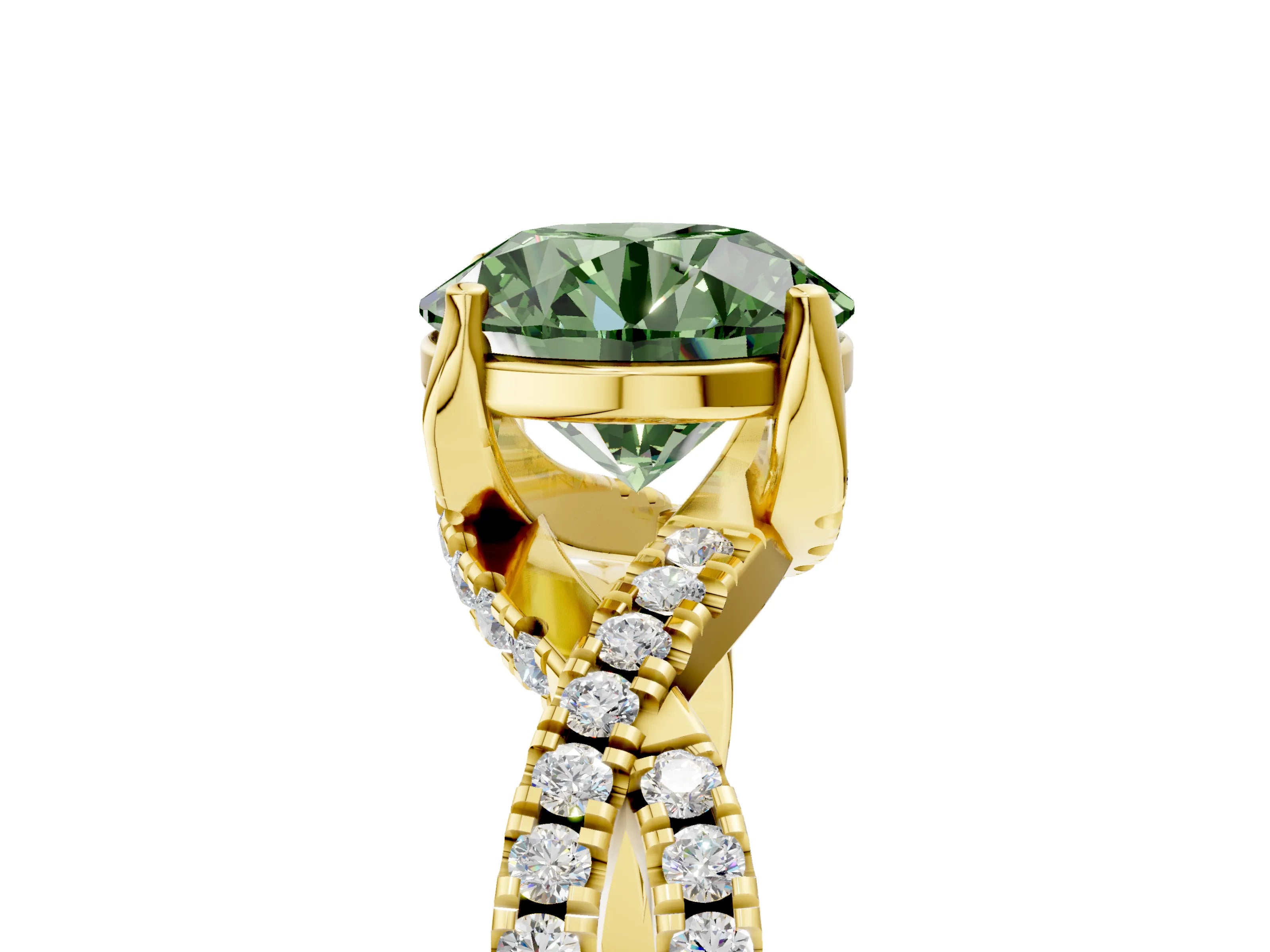 Yellow gold Fancy Green Round Cut Solitaire Twist Pave Diamond Engagement Ring with Prong Setting_5