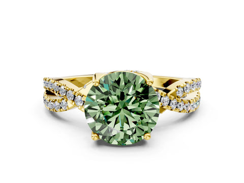 Yellow gold Fancy Green Round Cut Solitaire Twist Pave Diamond Engagement Ring with Prong Setting