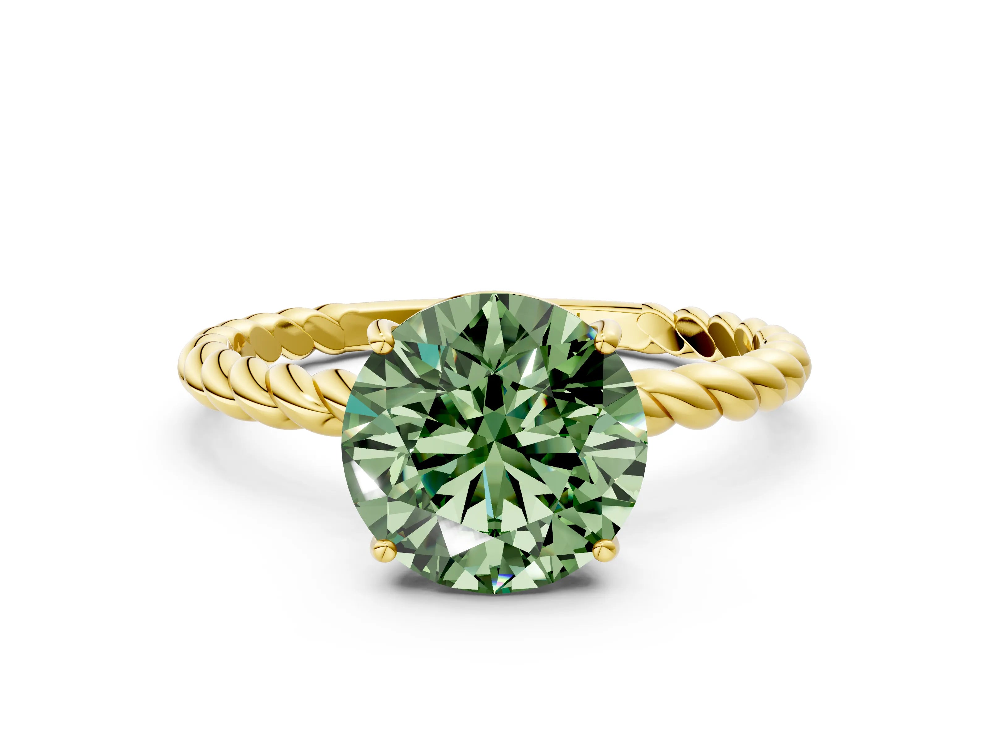 Yellow gold Fancy Green Round Cut Solitaire Twisted Band 4-Prong Ring