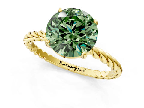 Yellow gold Fancy Green Round Cut Solitaire Twisted Band 4-Prong Ring_1