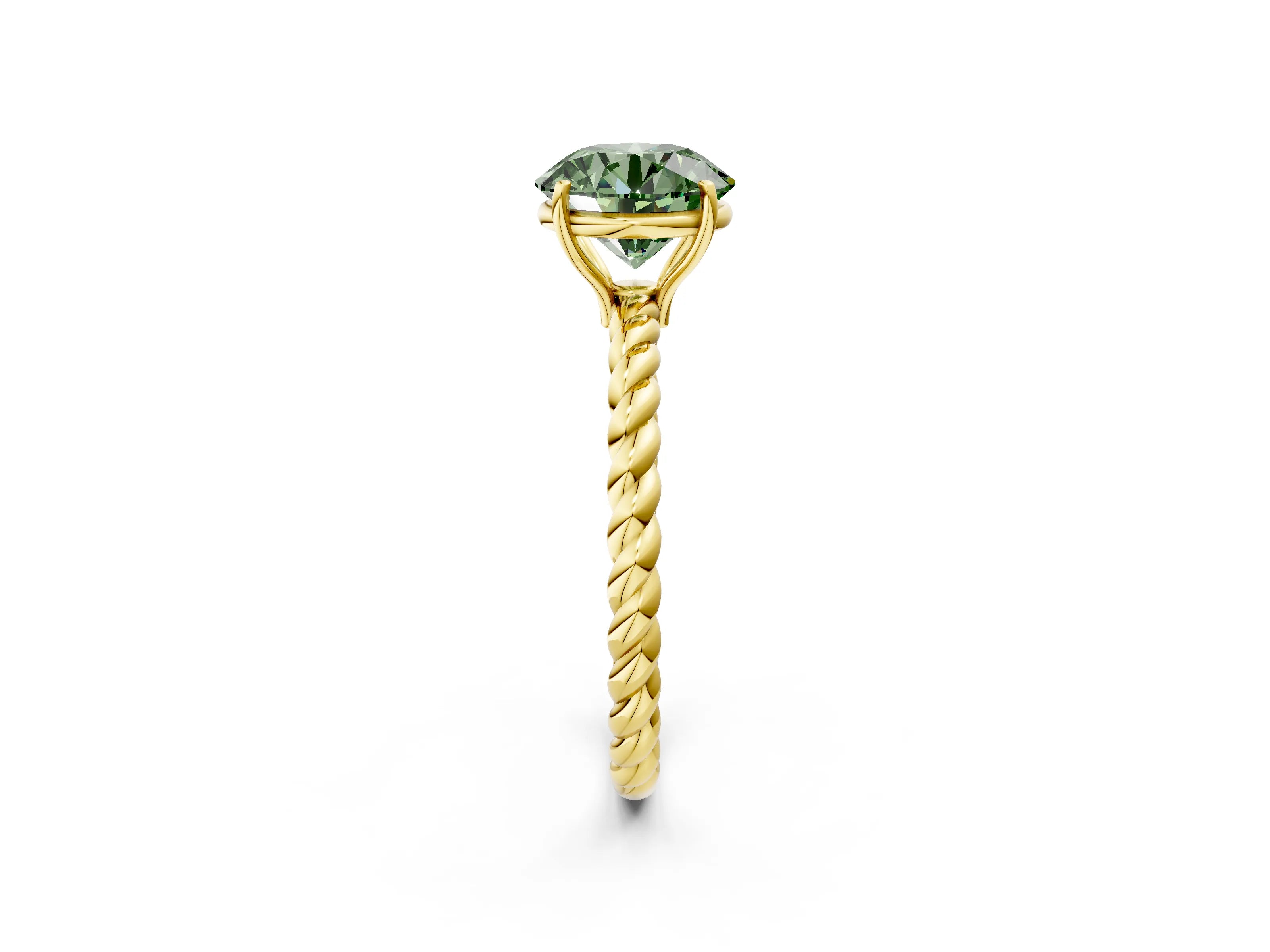 Yellow gold Fancy Green Round Cut Solitaire Twisted Band 4-Prong Ring_2