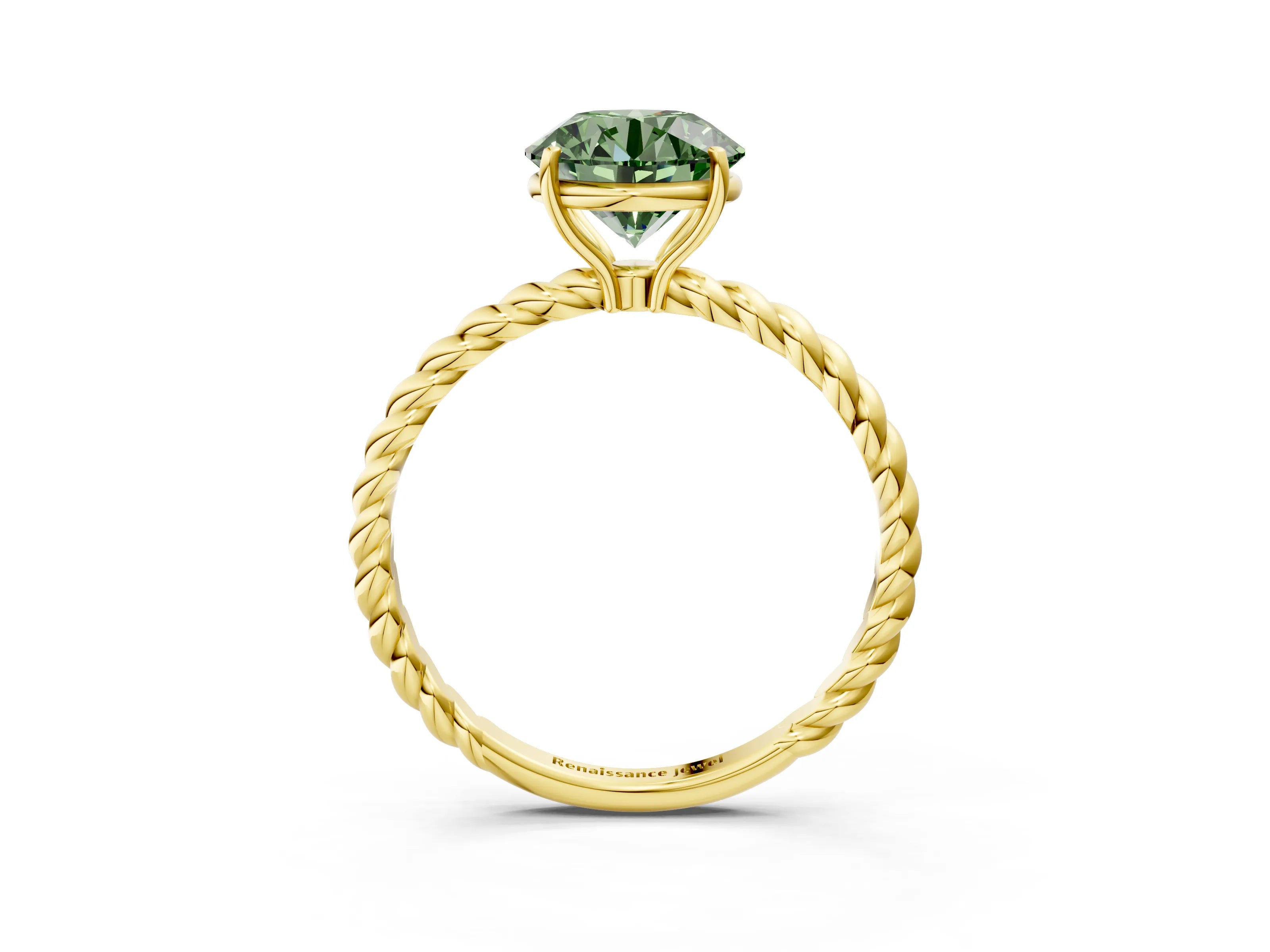 Yellow gold Fancy Green Round Cut Solitaire Twisted Band 4-Prong Ring_3