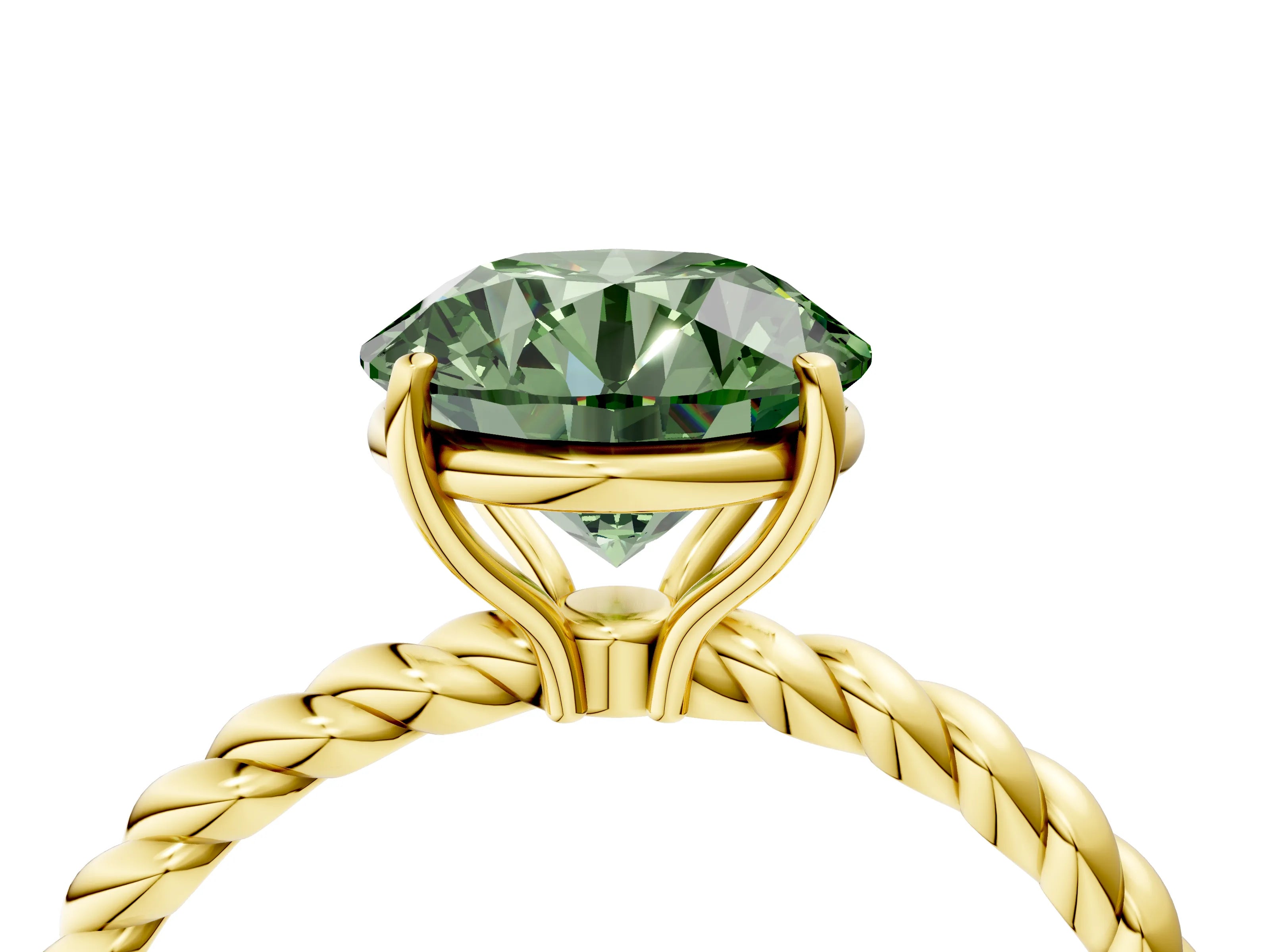 Yellow gold Fancy Green Round Cut Solitaire Twisted Band 4-Prong Ring_4