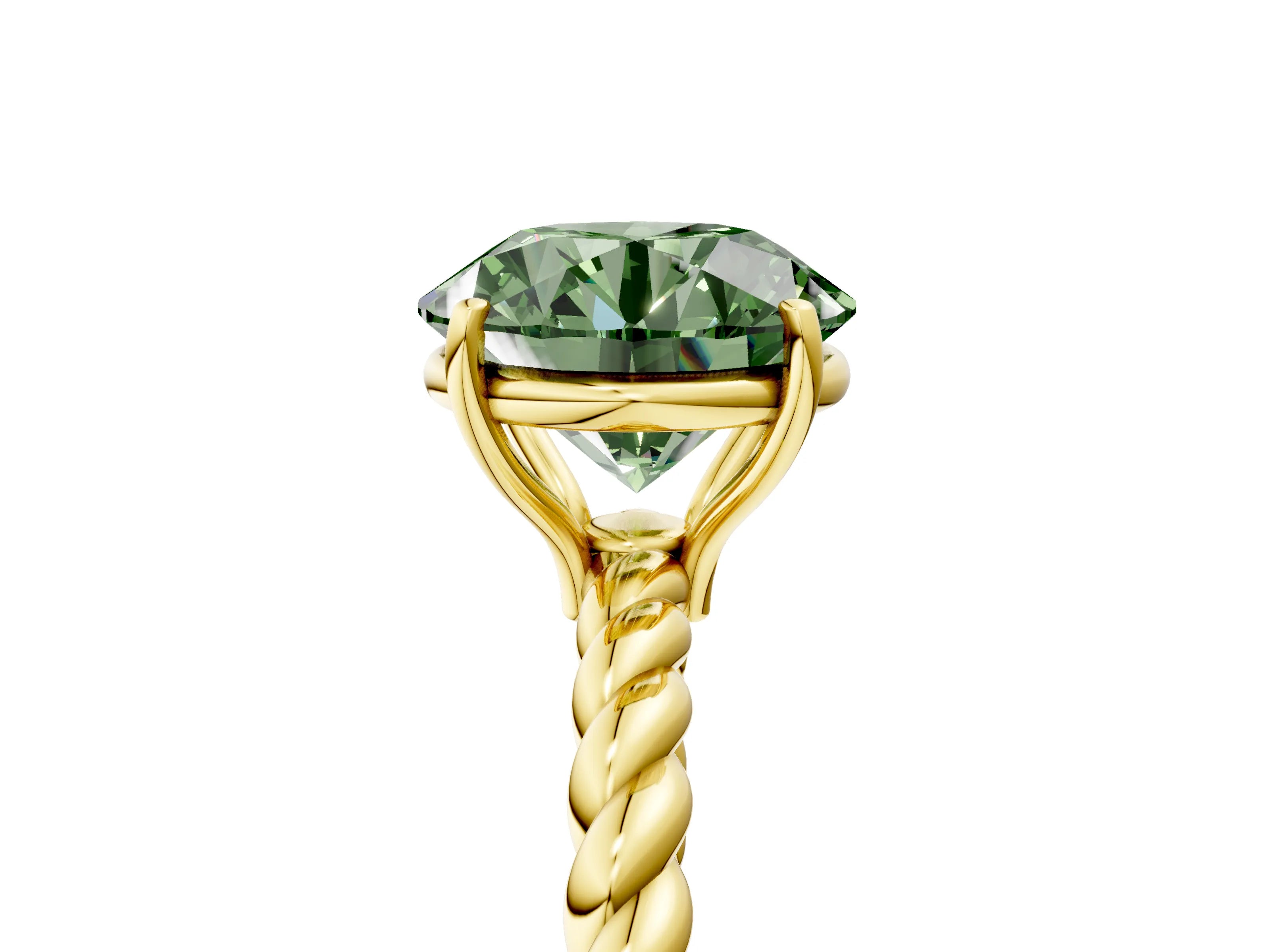 Yellow gold Fancy Green Round Cut Solitaire Twisted Band 4-Prong Ring_5