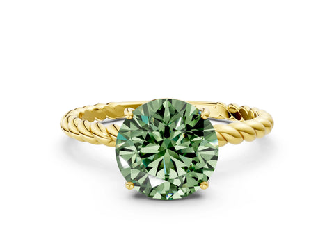 Yellow gold Fancy Green Round Cut Solitaire Twisted Band 4-Prong Ring