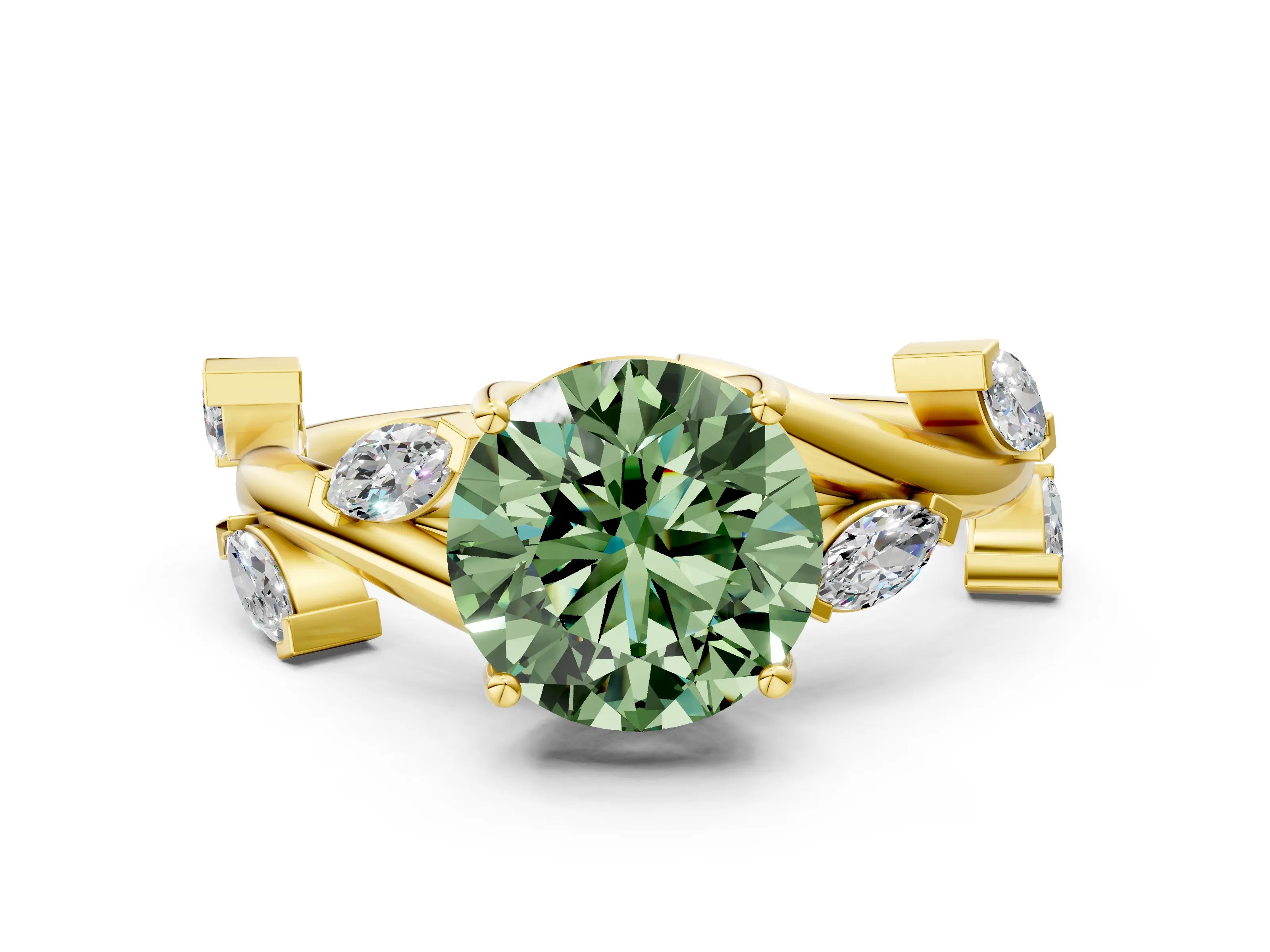 Yellow gold Fancy Green Round Cut Solitaire Twisted Band Marquise Accent Prong Setting Ring