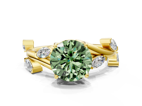 Yellow gold Fancy Green Round Cut Solitaire Twisted Band Marquise Accent Prong Setting Ring