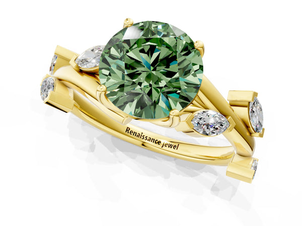 Yellow gold Fancy Green Round Cut Solitaire Twisted Band Marquise Accent Prong Setting Ring