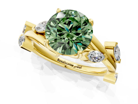 Yellow gold Fancy Green Round Cut Solitaire Twisted Band Marquise Accent Prong Setting Ring_13