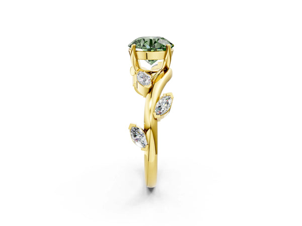 Yellow gold Fancy Green Round Cut Solitaire Twisted Band Marquise Accent Prong Setting Ring