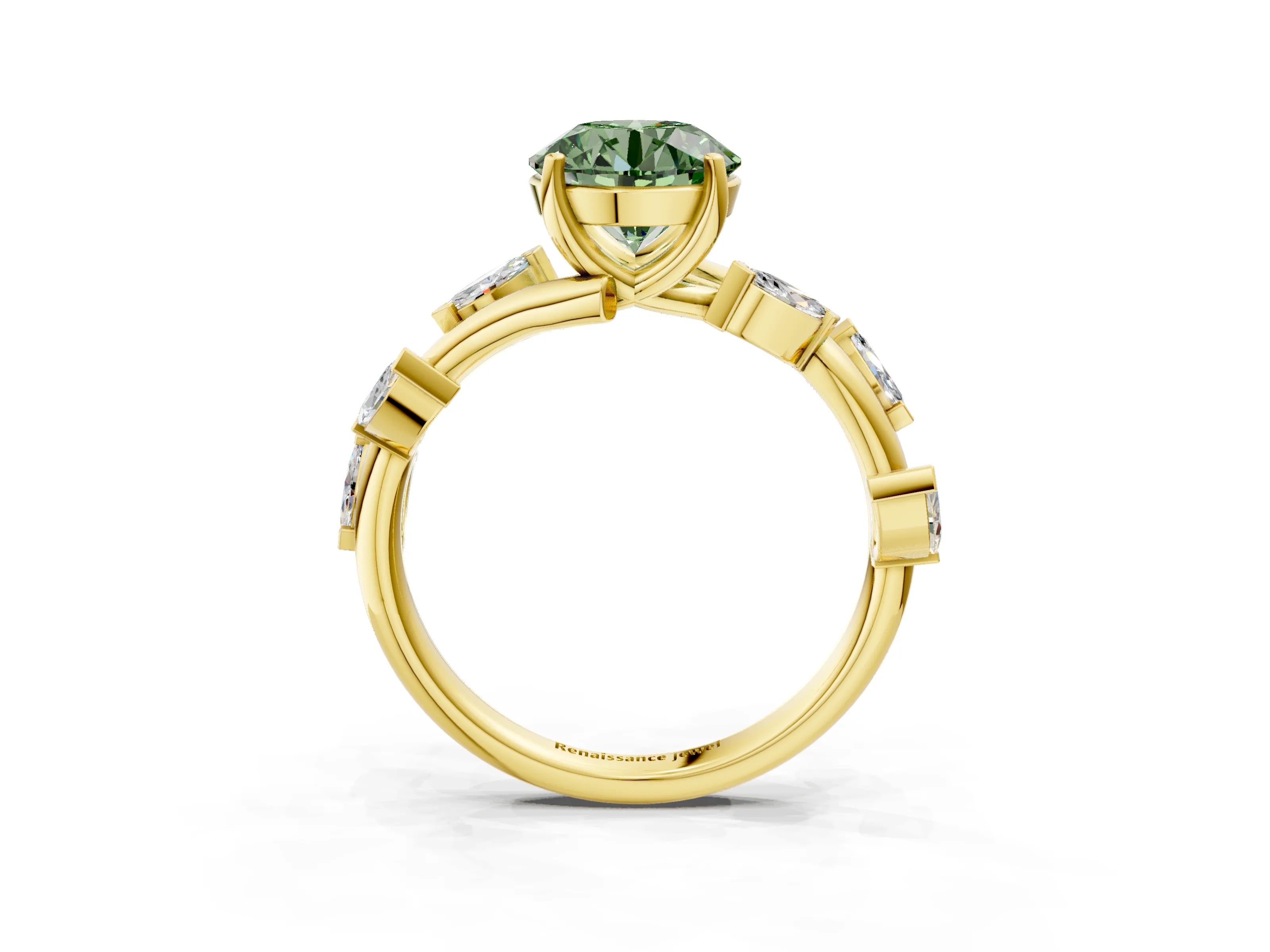 Yellow gold Fancy Green Round Cut Solitaire Twisted Band Marquise Accent Prong Setting Ring_15
