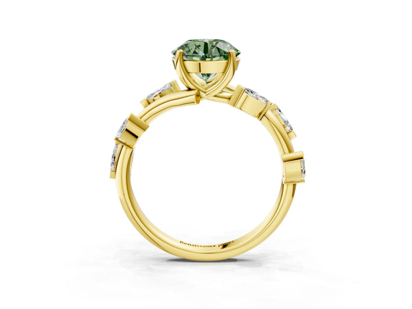 Yellow gold Fancy Green Round Cut Solitaire Twisted Band Marquise Accent Prong Setting Ring