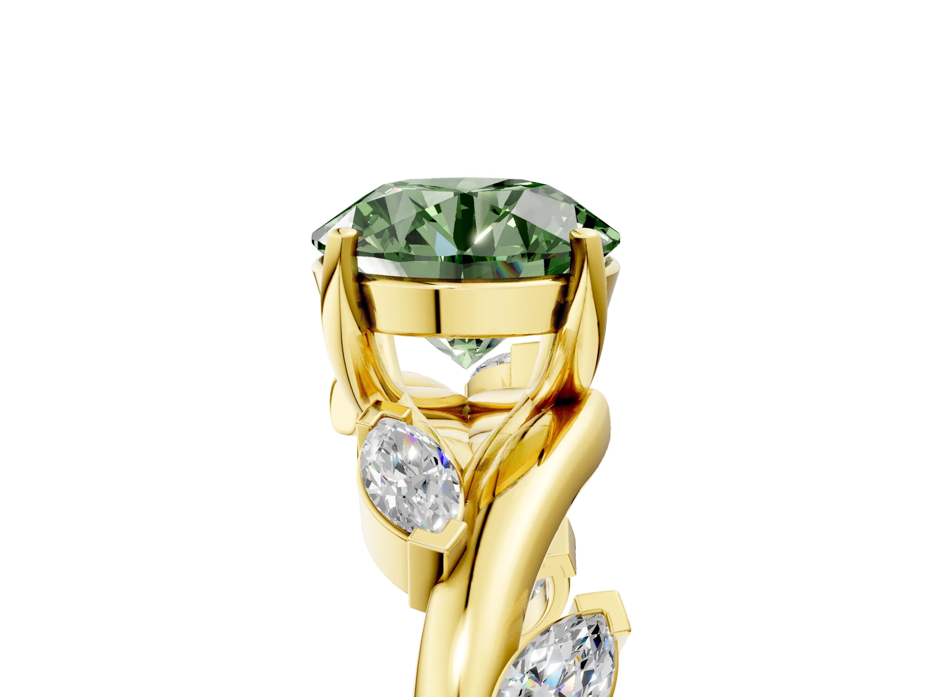 Yellow gold Fancy Green Round Cut Solitaire Twisted Band Marquise Accent Prong Setting Ring_17