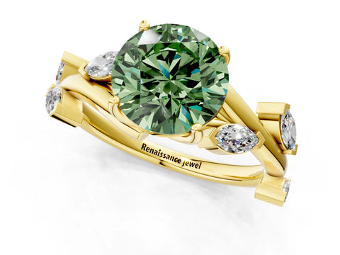 Yellow gold Fancy Green Round Cut Solitaire Twisted Band Marquise Accent Prong Setting Ring_1