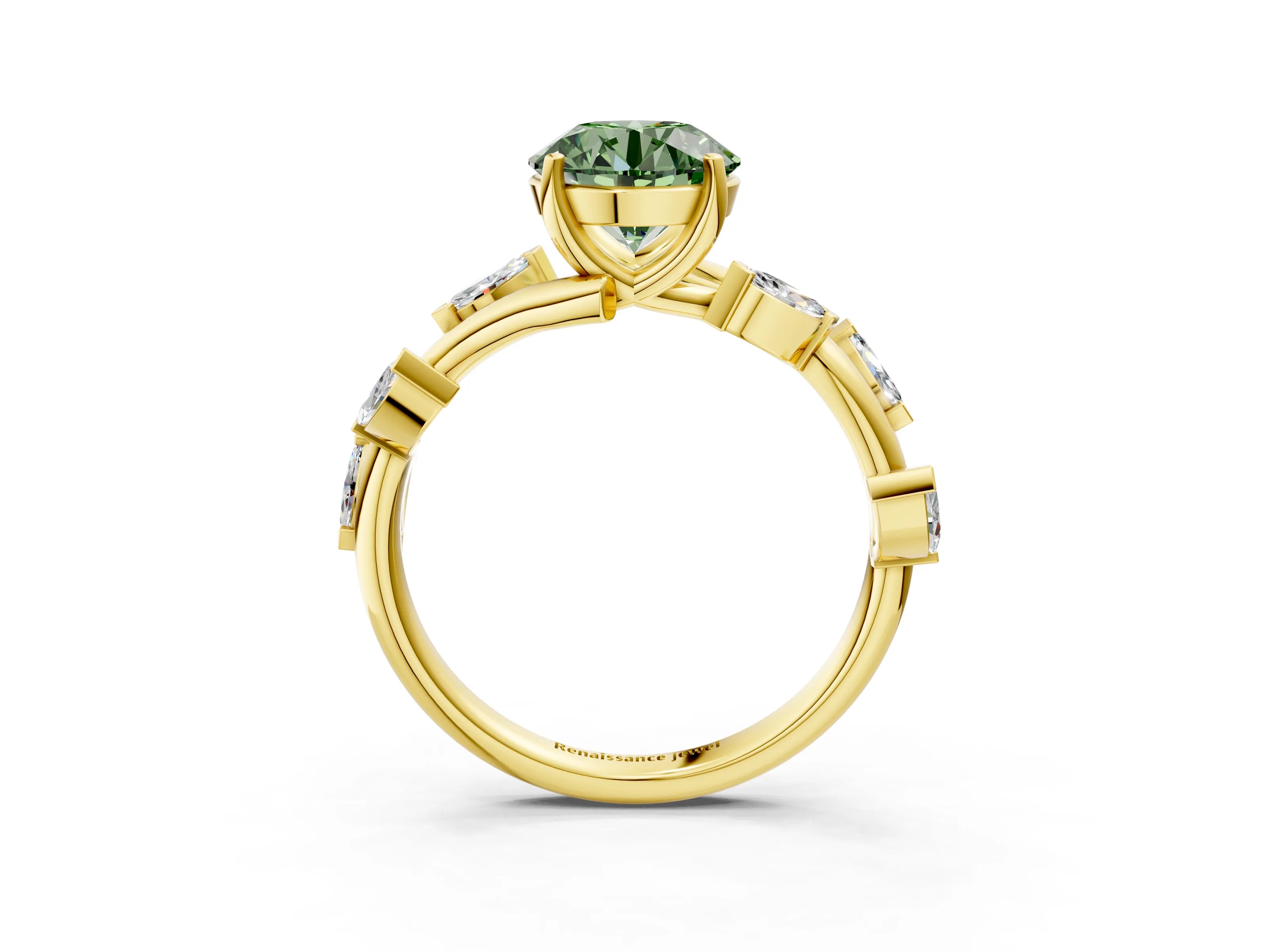 Yellow gold Fancy Green Round Cut Solitaire Twisted Band Marquise Accent Prong Setting Ring_3