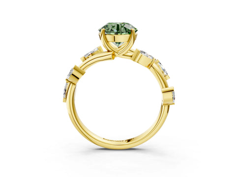 Yellow gold Fancy Green Round Cut Solitaire Twisted Band Marquise Accent Prong Setting Ring_3