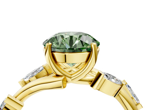 Yellow gold Fancy Green Round Cut Solitaire Twisted Band Marquise Accent Prong Setting Ring_4