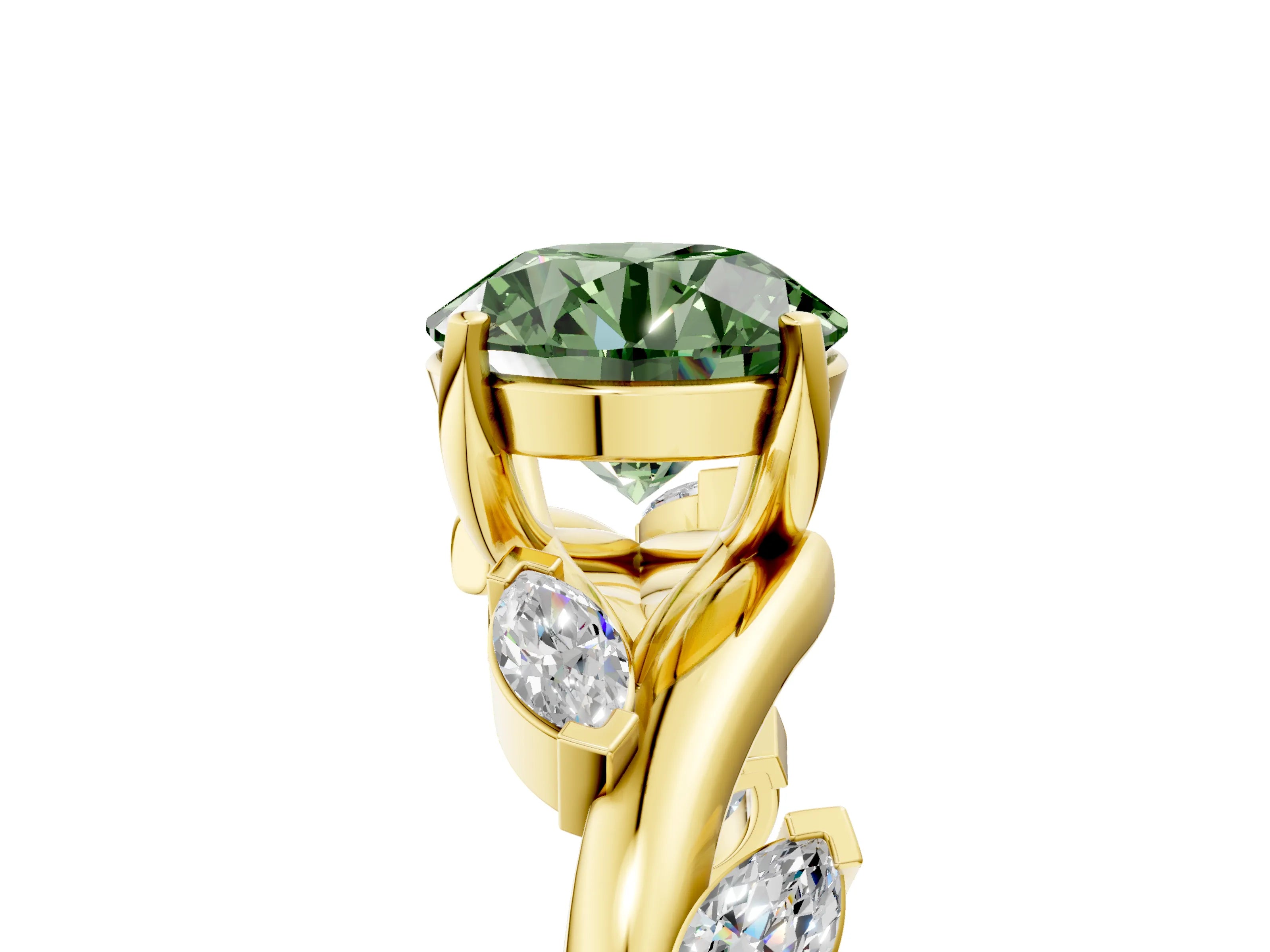 Yellow gold Fancy Green Round Cut Solitaire Twisted Band Marquise Accent Prong Setting Ring_5