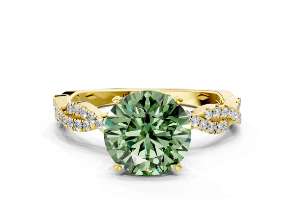 Yellow gold Fancy Green Round Cut Solitaire Twisted Pave Band with Four-Prong Setting