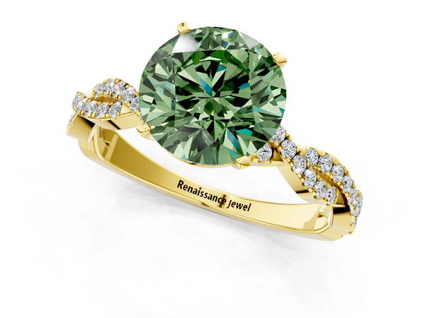 Yellow gold Fancy Green Round Cut Solitaire Twisted Pave Band with Four-Prong Setting
