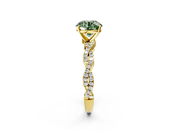 Yellow gold Fancy Green Round Cut Solitaire Twisted Pave Band with Four-Prong Setting