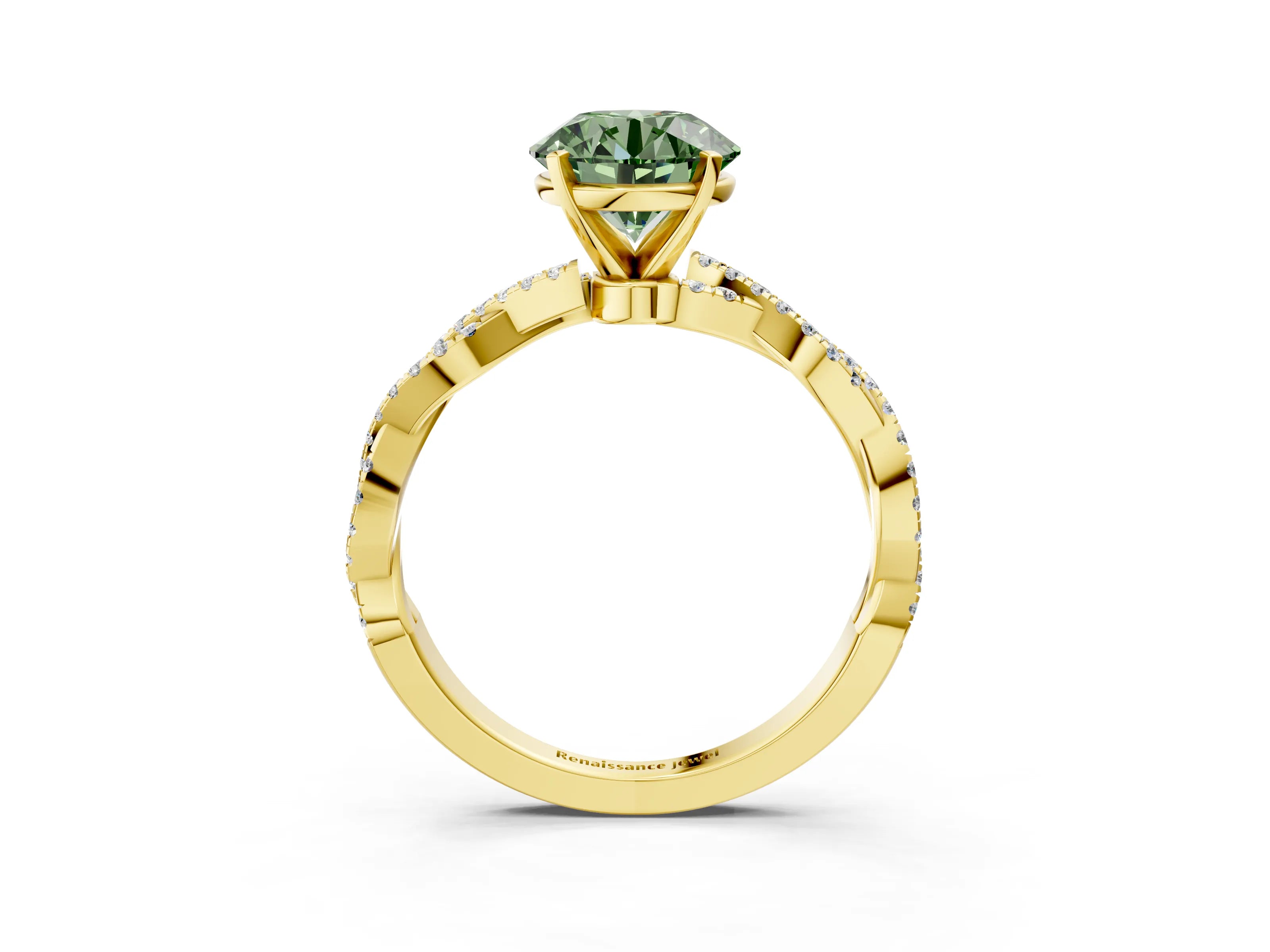 Yellow gold Fancy Green Round Cut Solitaire Twisted Pave Band with Four-Prong Setting_6