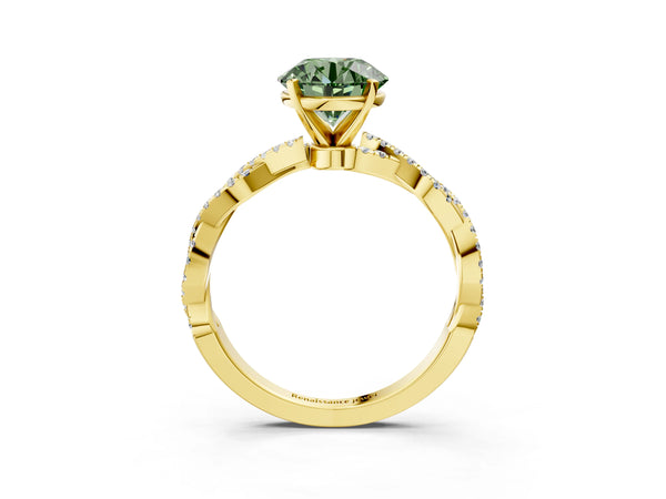 Yellow gold Fancy Green Round Cut Solitaire Twisted Pave Band with Four-Prong Setting